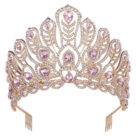 Princess gold crown, Pink Crystal Crown, Peacock Tail Shape, Stunning Headpiece